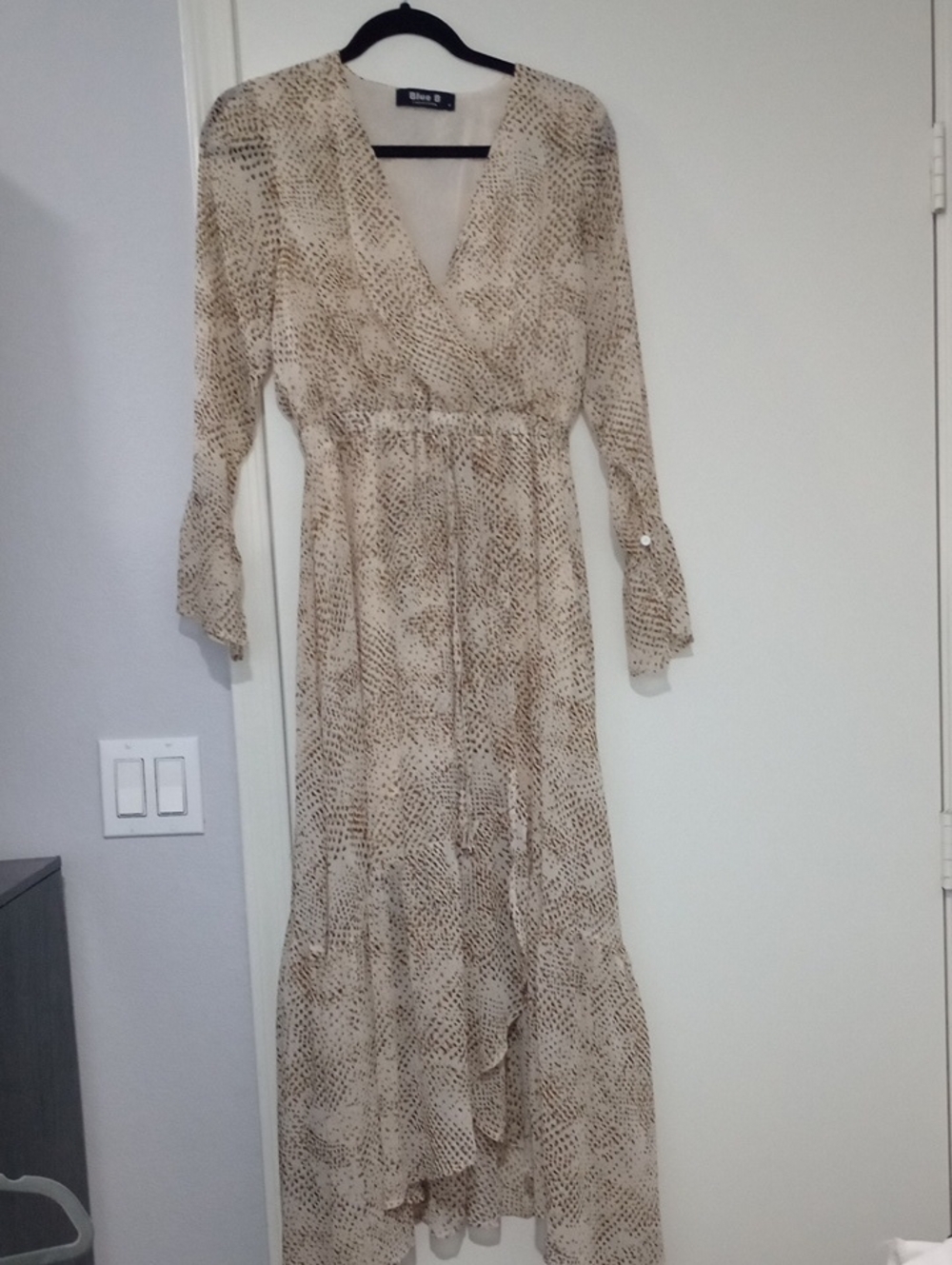 Neutral Printed High-Low Wrap Maxi Dress